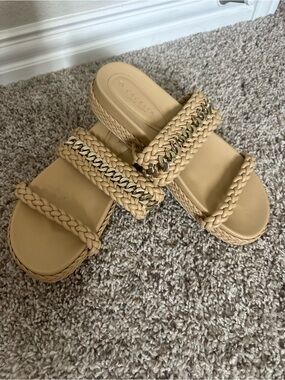 Cecelia New York Penny Braided Slide Sandals Nude Gold Chain Platform Size 7.5